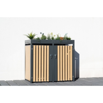 Westmann » Mülltonnenbox, Stahl mit Holzoptik, 2 x 240 L, Pflanzdach